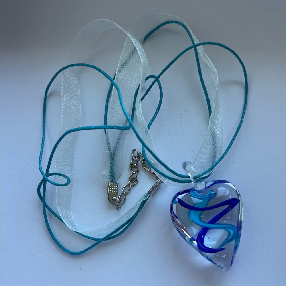 New Clear Glass Heart w/Blue Teal Swirl Pendant White Ribbon/Teal Cord Necklace